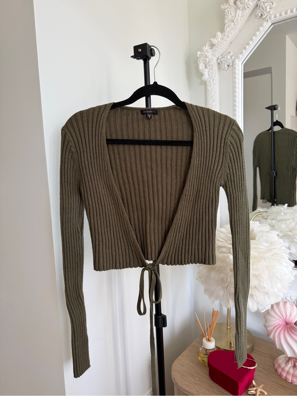 Dynamite Olive Knit Wrap Cropped Sweater